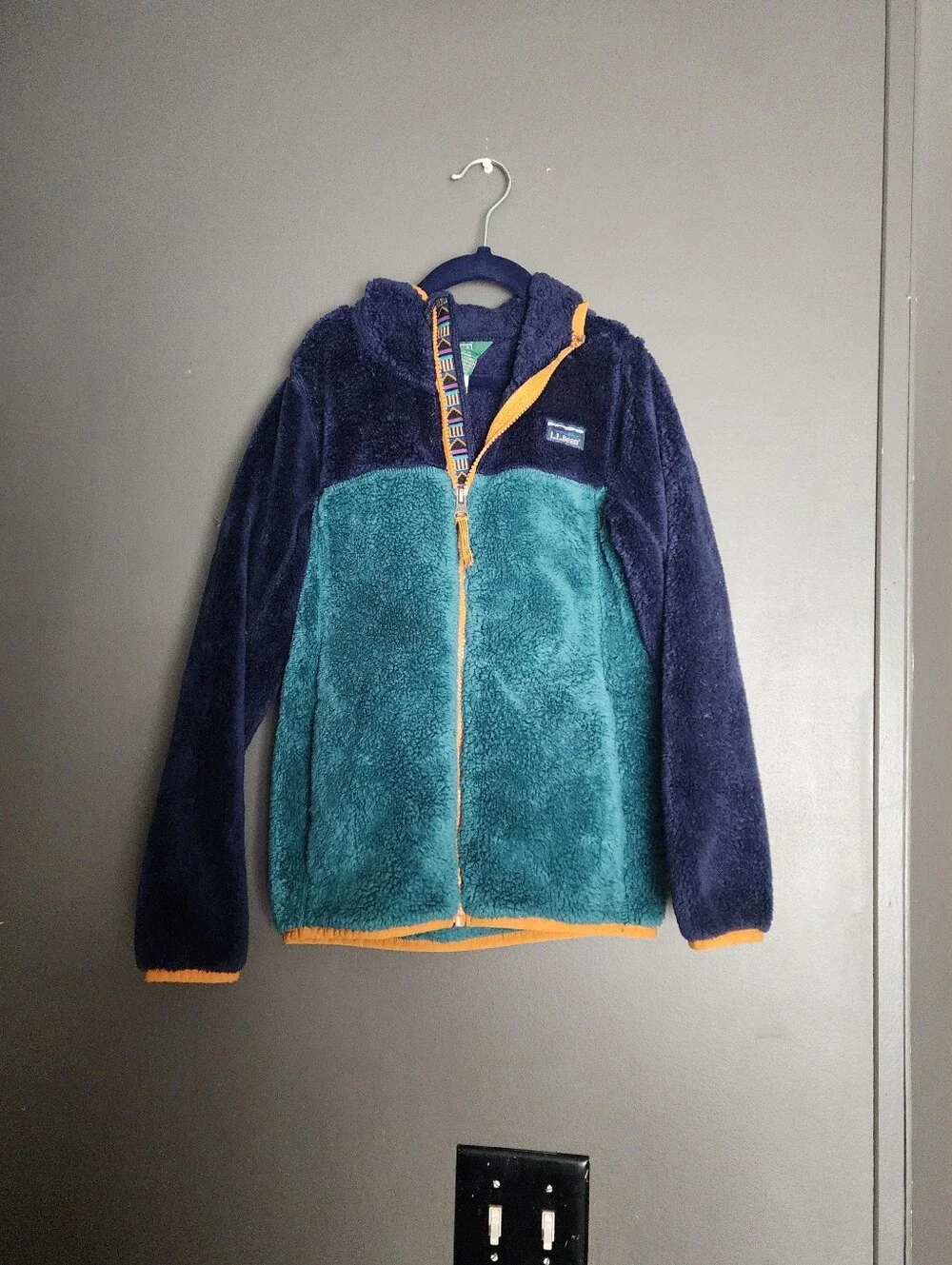 L.L. Bean Kids Hi-Pile color patchwork soft fluffy Fleece Hooded zip up Jacket